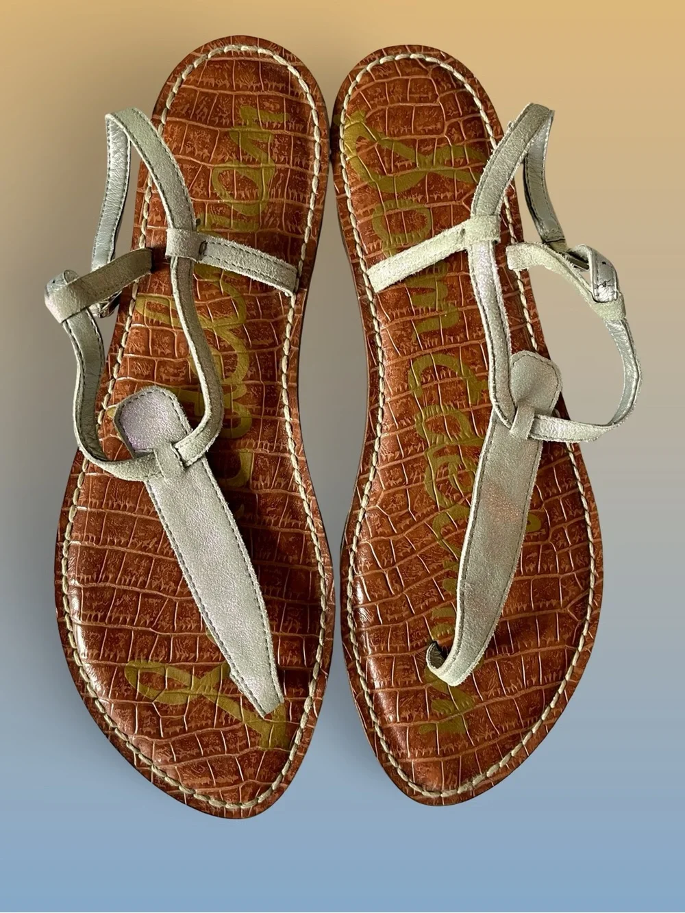 Sam Edelman Gigi Metallic Silver T-Strap Thong Sandals Croc Embossed Brown Sz9